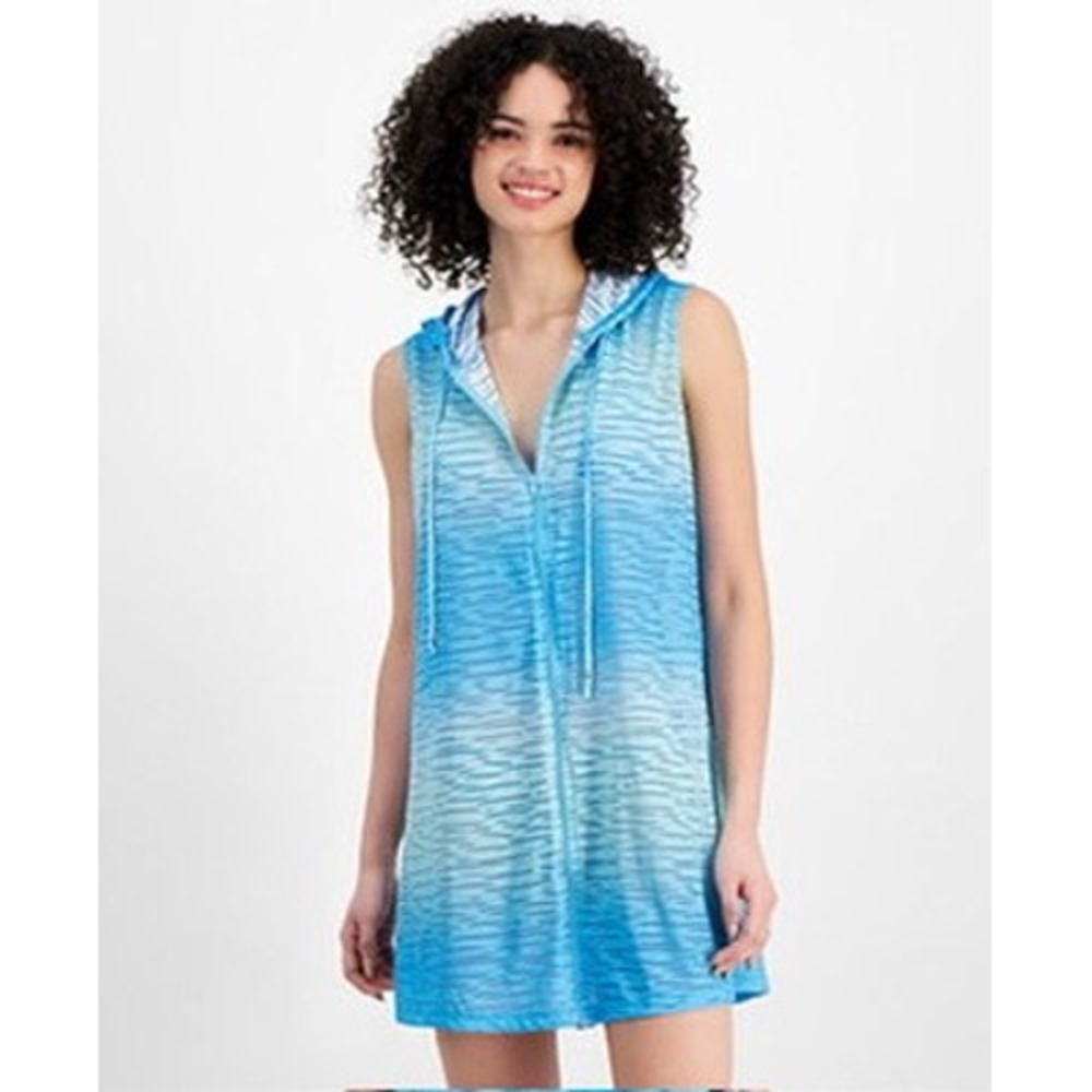 NWT J Valdi Sleeveless Hoodie Cover Up Women Blue Ombre Textured Full Zip S $54